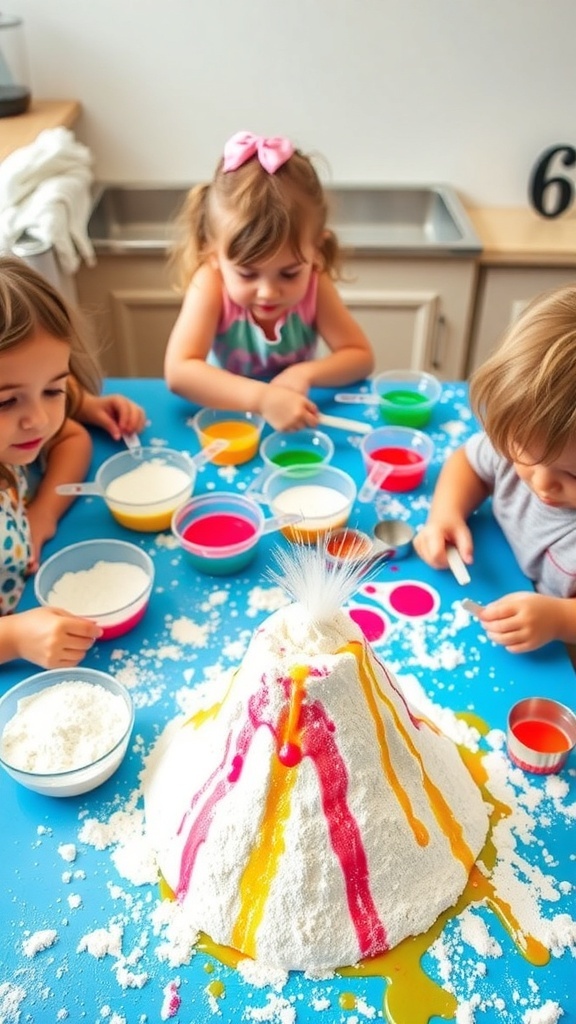 Children engaged in fun flour experiments with colorful ingredients and a flour volcano.